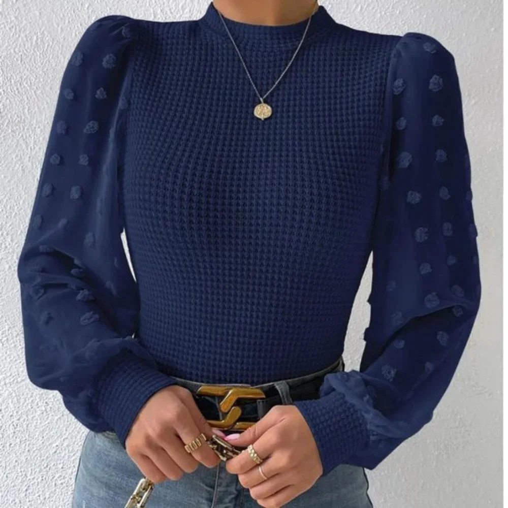 LAST ONE 🔥Swiss Dot Lantern Sleeve Mock Neck Top